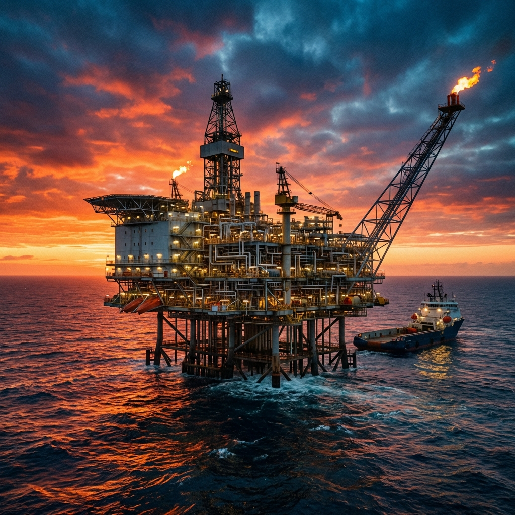 Offshore oil platform at sunset