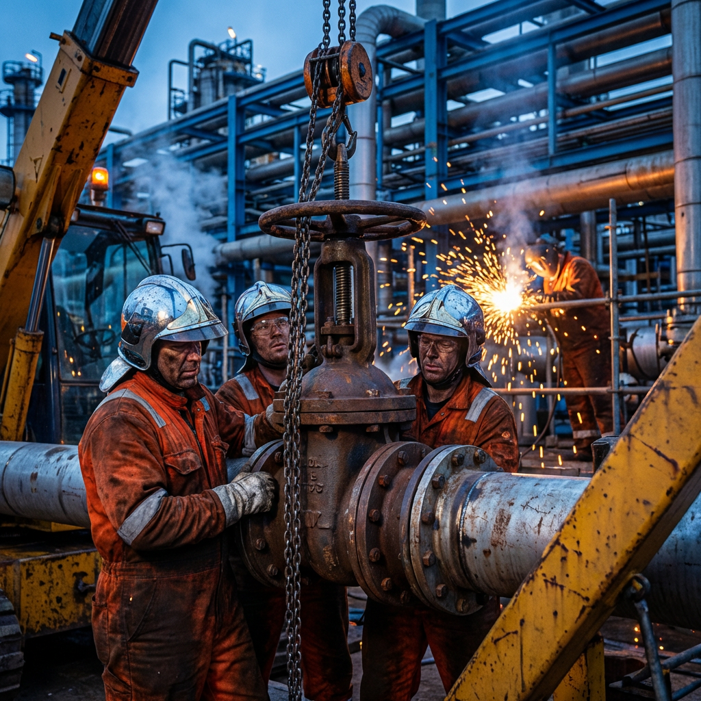 Engineers installing industrial valve