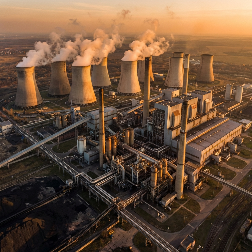 Aerial view of industrial power plant at sunset